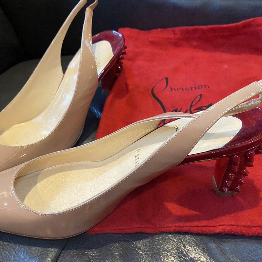 Louboutin Tan Nude Spike Red Heel & Red Bottom Slingbacks 39 Worn Once